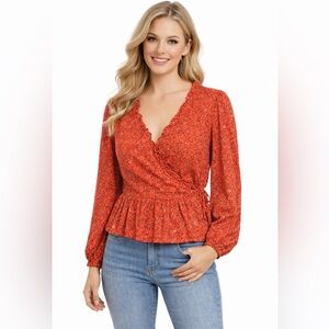 Universal Thread Red Floral Wrap Peplum Blouse Long Sleeve V Neck